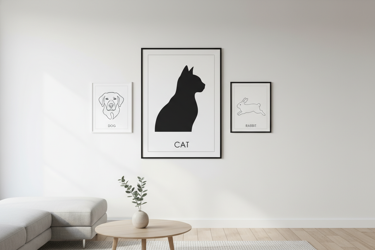 minimalistic black and white posters of pets on the wall
